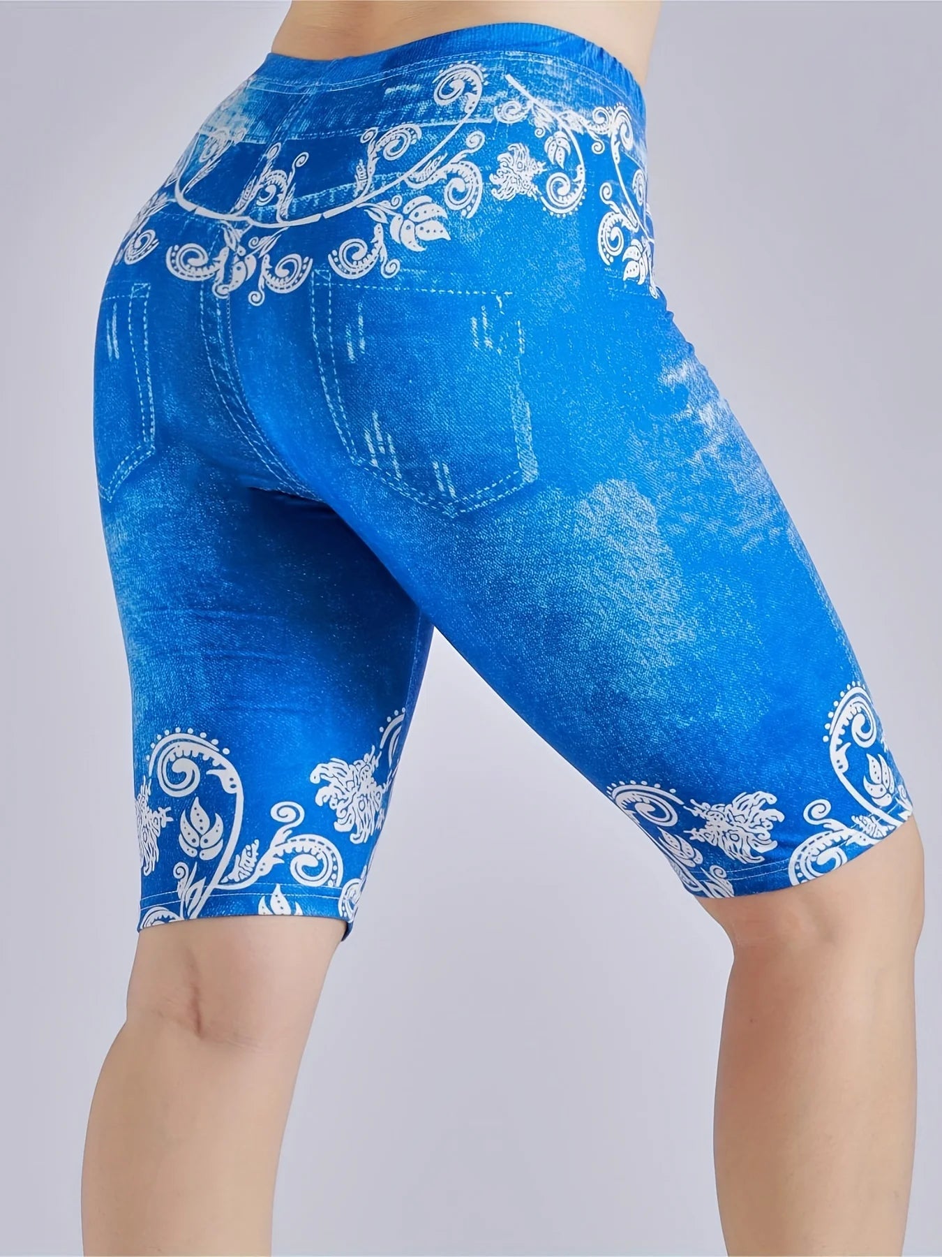3 Piece Set Of Lmitation Denim Leggings For Women Butterfly Waist Fruit Flower Elastic Shorts High Waist Casual-belleandkai.com