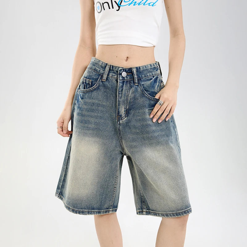 2025 Korean Street Casual Y2K Loose Wide-leg Denim Shorts Five-point Baggy Jeans Women's All-match Straight Summer Hot Shorts-belleandkai.com