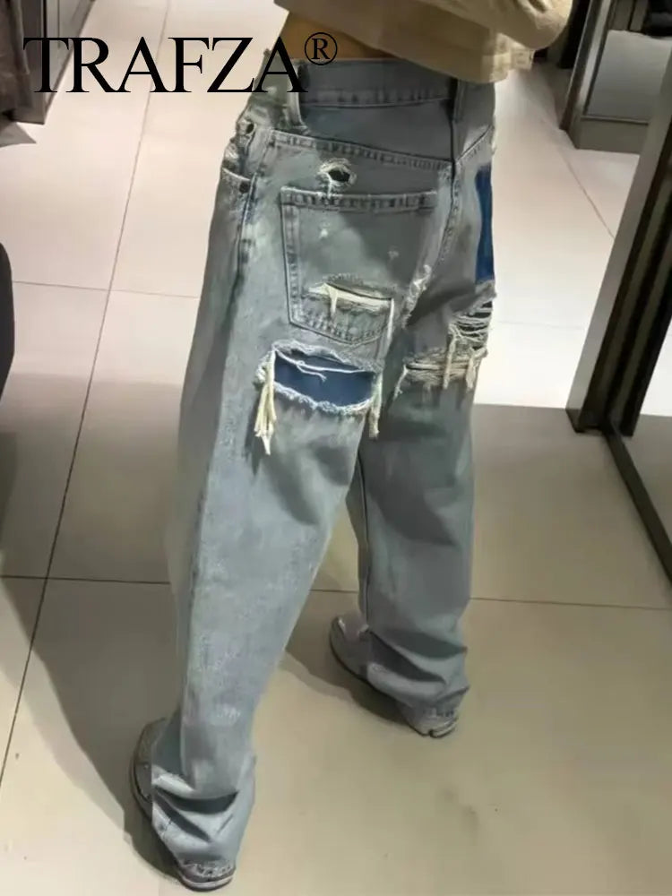 TRAFZA Jeans For Women 2024 Denim Solid Loose Zipper Fly Female Hole Trouser Pockets Wild Basic Commute Woman Wide Leg Long Pant-belleandkai.com