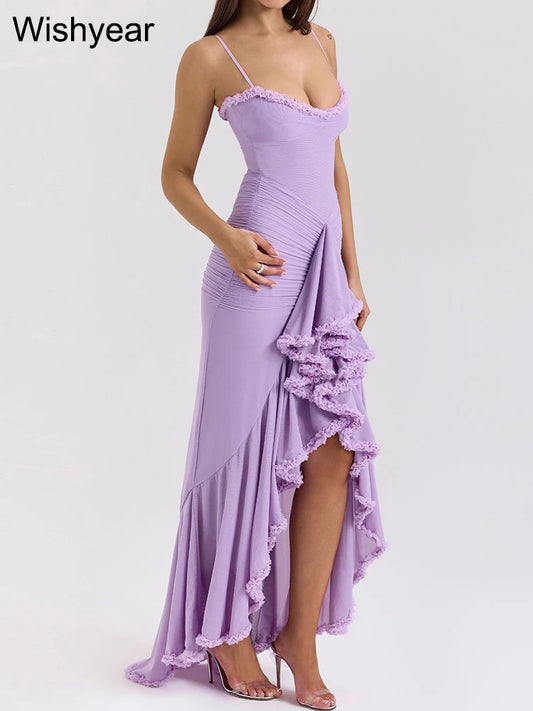 Wishyear Women Sexy Spaghetti Strap Ruffle Irregular Bodycon Long Dress Elegant Boho Beach Party Evening Prom Birthday Vestidos-belleandkai.com