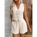 New Arrival Linen Summer Casual Commute Front Button Vest And Shorts Set V Neck Vest Autumn Clothing Women's Fashion Outfit-belleandkai.com