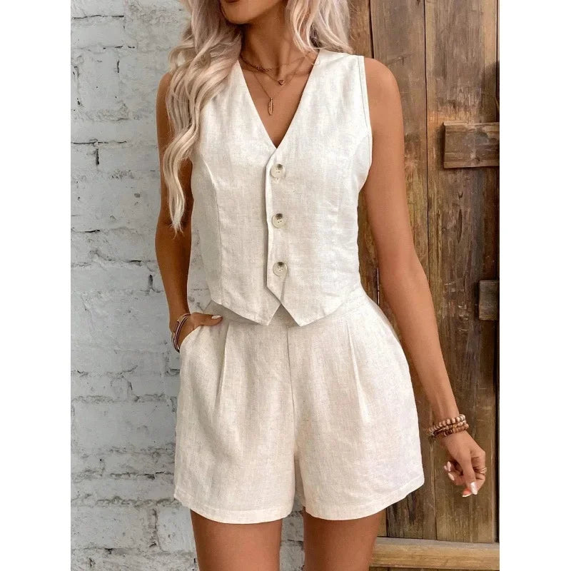 New Arrival Linen Summer Casual Commute Front Button Vest And Shorts Set V Neck Vest Autumn Clothing Women's Fashion Outfit-belleandkai.com