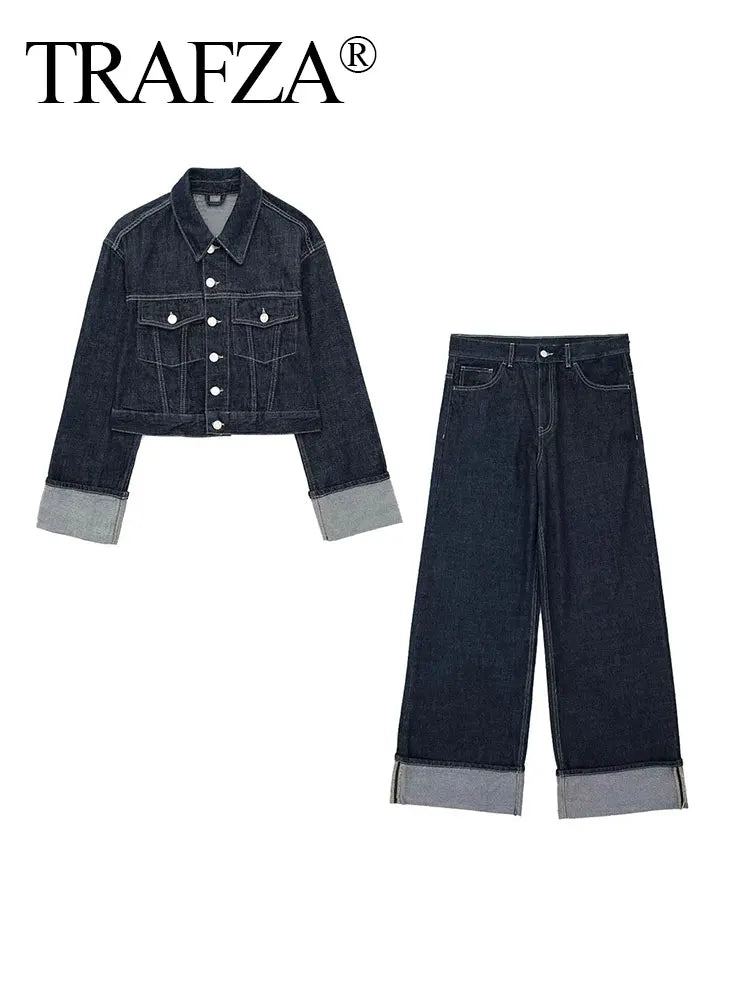 TRAFZA 2024 Autumn Female Vintage Denim Suit Long Sleeve Single Breasted Lapel Coat+High Waist Wide Leg Jeans Street Fashion Set-belleandkai.com