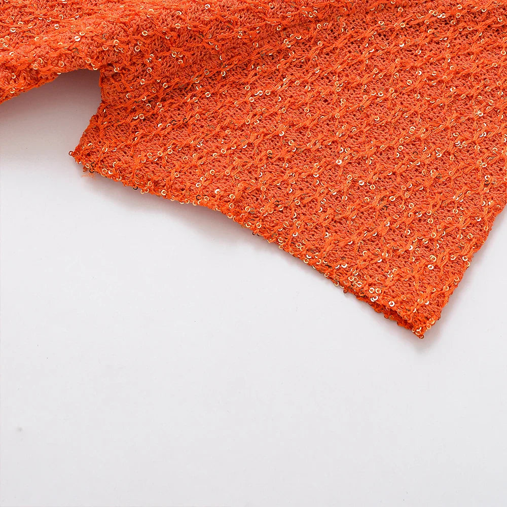 TRAFSHE Women's Fashion Summer Orange Knitwear Short Sleeve O-Neck One Button Sweater Top Knit Sequins Cardigan Women 9598092-belleandkai.com