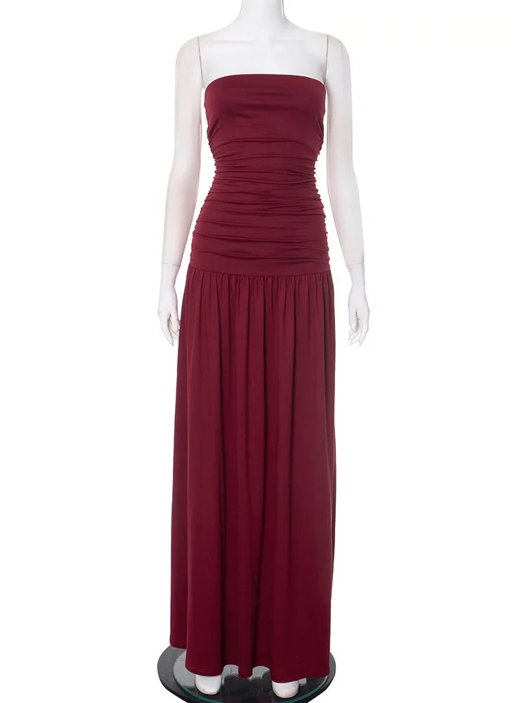 Mozision Off-shoulder Strapless Pleated Sexy Maxi Dress Women Fashion Backless Sleeveless High Waist Ruched Long Dress Elegant-belleandkai.com