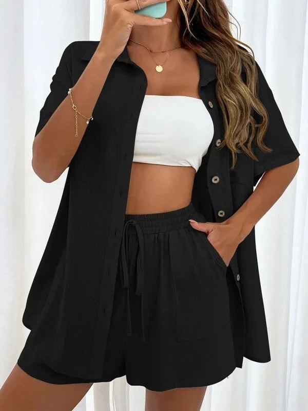 Long Sleeve Single breasted Top Broad legged Shorts Set Fashion Ladies Sexy Solid Suits 2024 Summer 2 Piece Outfits For Women-belleandkai.com