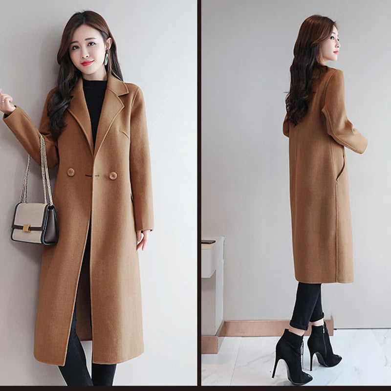 2024 Autumn Winter Women Vintage Coffee Blue Mid-Long Coat Jackets Female Concise Korean Style Loose Outside Thermal Woolen Coat-belleandkai.com