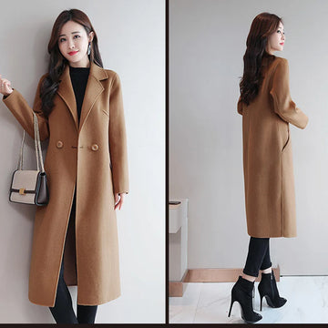 2024 Autumn Winter Women Vintage Coffee Blue Mid-Long Coat Jackets Female Concise Korean Style Loose Outside Thermal Woolen Coat-belleandkai.com