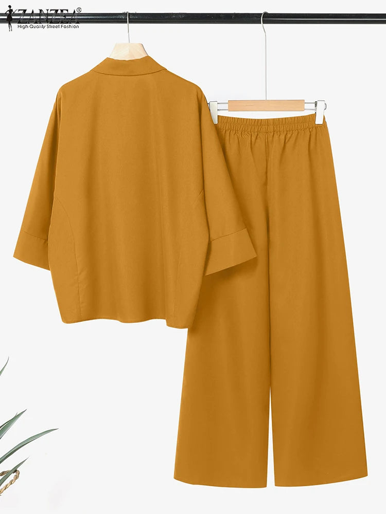 2025 ZANZEA Autumn 2PCS Outfits Women Solid Matching Set Loose Pant Sets Lapel Neck 3/4 Sleeve Shirts Trousers Work Tracksuits-belleandkai.com