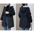 Women Windbreaker Jackets 2025 New Autumn Winter Mid-Length Loose Coat Hooded Lace-up Female Jacket Plus Velvet Warm Outwear Fe-belleandkai.com