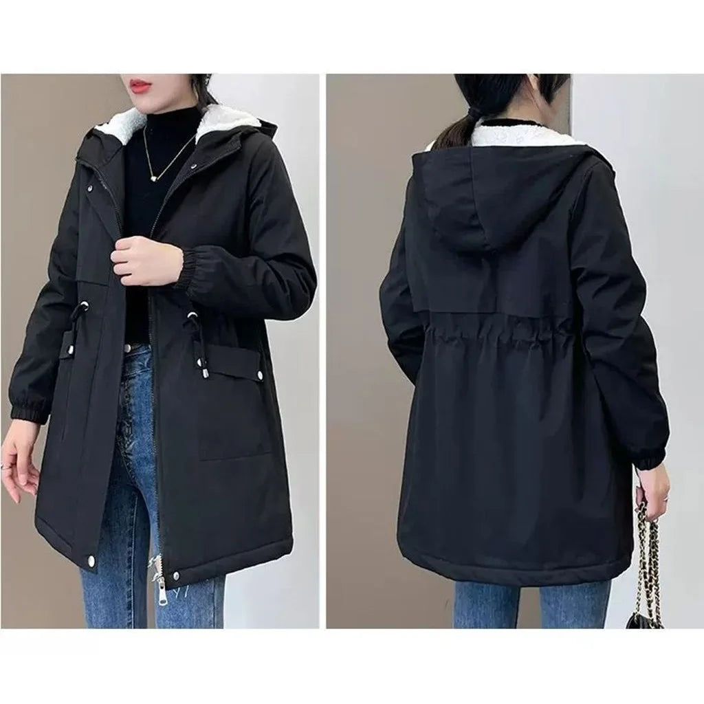 Women Windbreaker Jackets 2025 New Autumn Winter Mid-Length Loose Coat Hooded Lace-up Female Jacket Plus Velvet Warm Outwear Fe-belleandkai.com