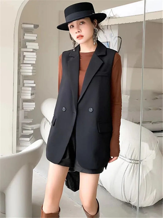 Vintage Sleeveless Blazer Vest Fashion OL Casual Lapel Suit Blazer 2025 Summer Women Office Double Breasted Suit Coats-belleandkai.com