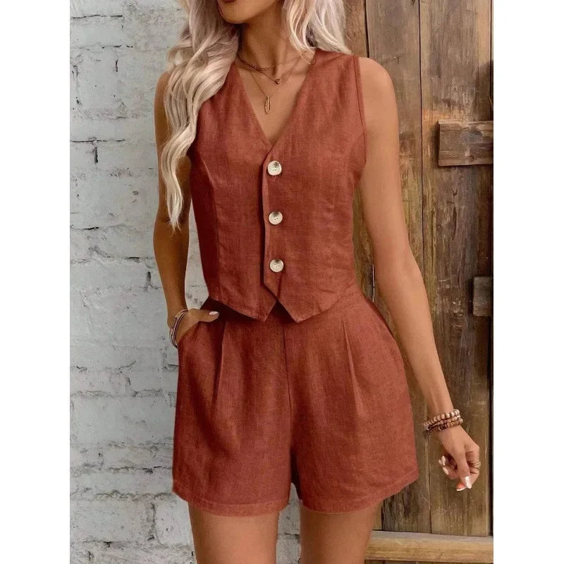 New Arrival Linen Summer Casual Commute Front Button Vest And Shorts Set V Neck Vest Autumn Clothing Women's Fashion Outfit-belleandkai.com