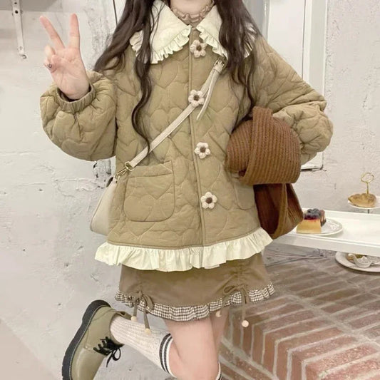 Korean Style Cute Loose Warm Winter Jacket Women Chic Ruffle Neck Sweet Parkas Overcoat Japanese Harajuku Kawai Padded Coat 2023-belleandkai.com