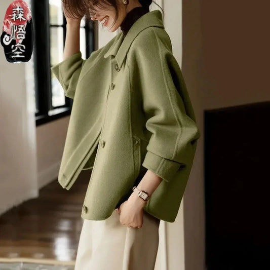 Long Sleeves Wool Blend Female Outwear Korean Large Size 4XL Woolen Short Ladies Jacket Winter Flip Collar Woolen Women Coat-belleandkai.com