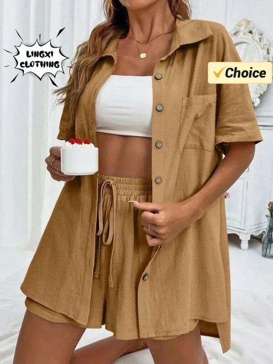 2024 Summer Fashion Sports Casual Cotton Linen Two Piece Set for Women's Single Breasted Shirt Elastic Waist Short Two Piece Set-belleandkai.com