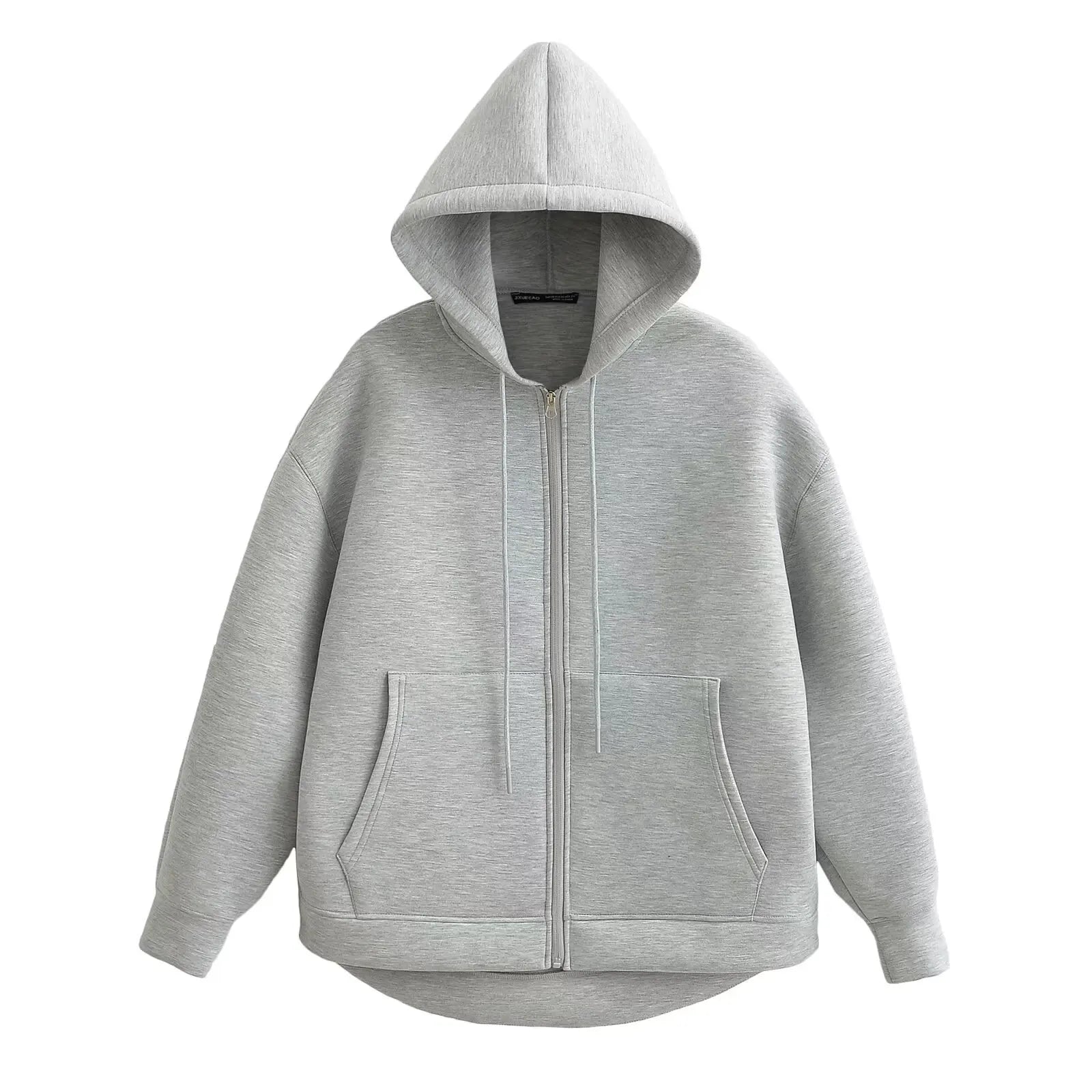 TRAFZA Autumn Women Gray Jacket With Hood Long Sleeve Big Pocket Zipper Jacket Coat Woman Loose Casual Outerwear Coat Tops-belleandkai.com