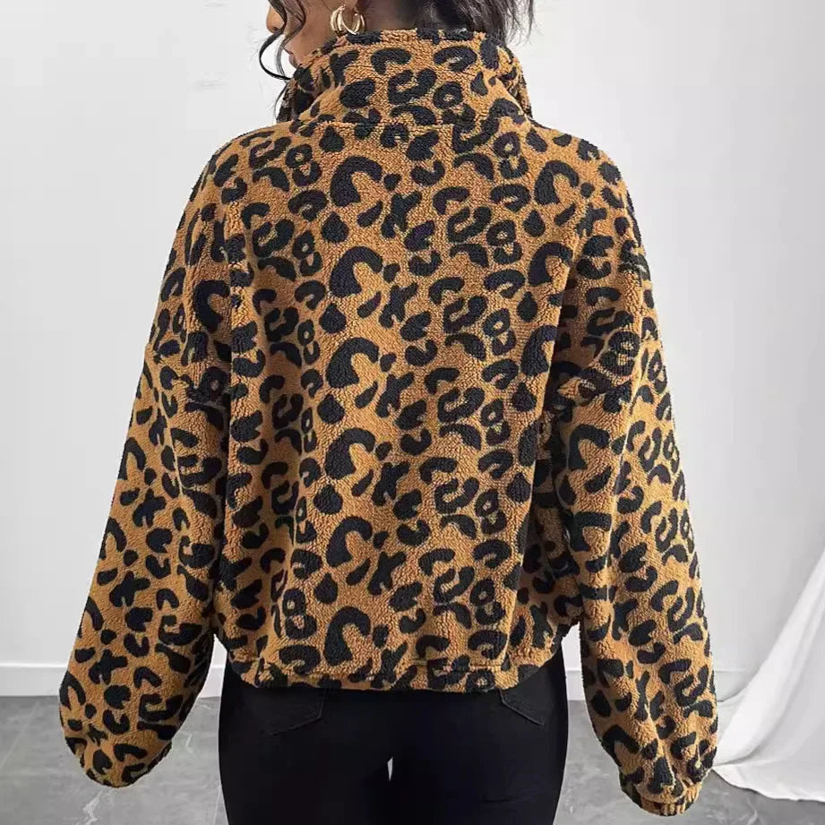 Flash Fleece Loose Cardigan Zipper Leopard Print Plush Autumn Winter New Arrival Women's Outerwear Thickened Long Sleeve Coat-belleandkai.com