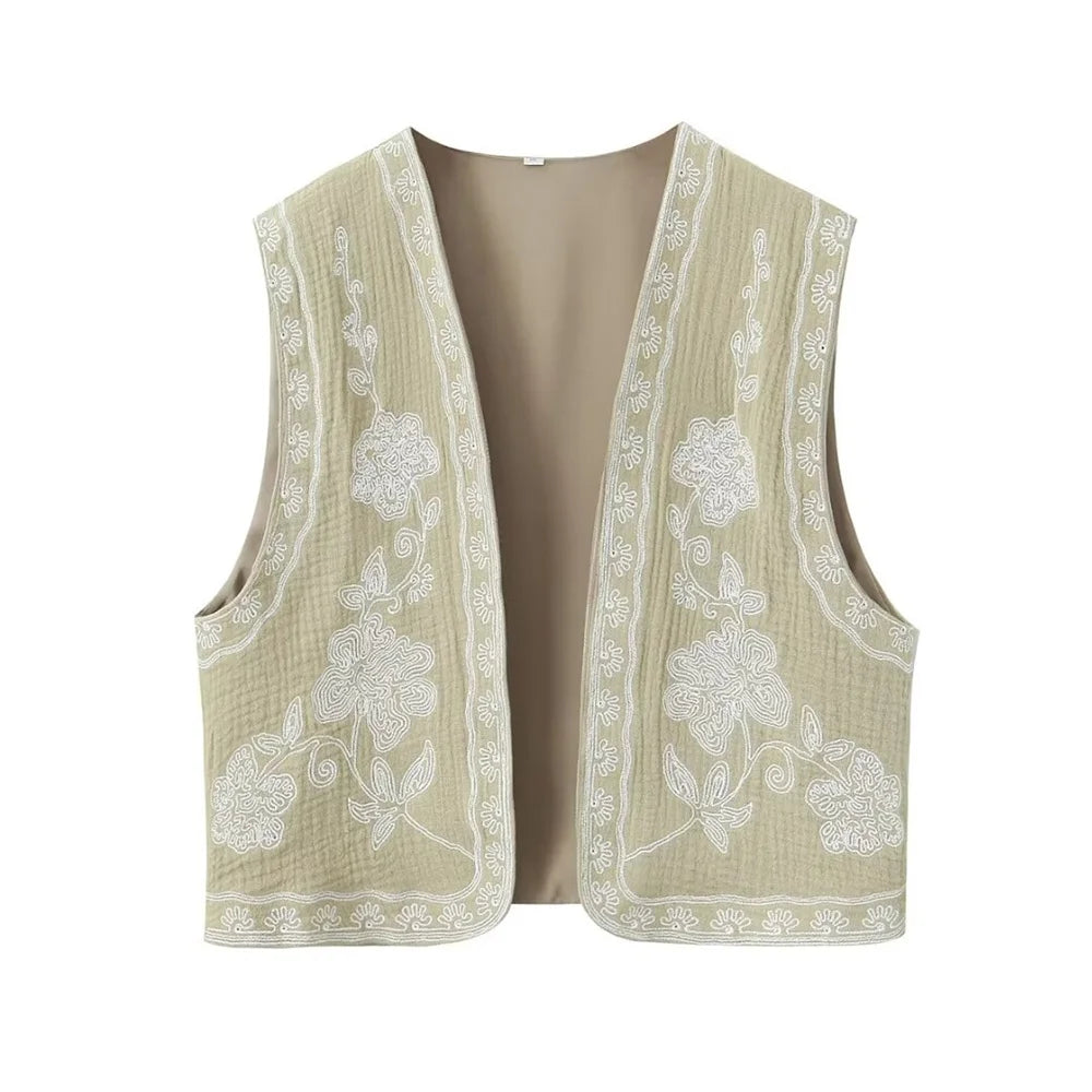 European and American Style 2024 Spring and Summer Women's New Fashionable and Versatile Round Neck Sleeveless Embroidered Vest-belleandkai.com