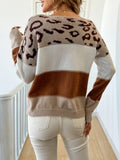 Autumn and winter leopard print contrasting pullover knitted sweater-belleandkai.com
