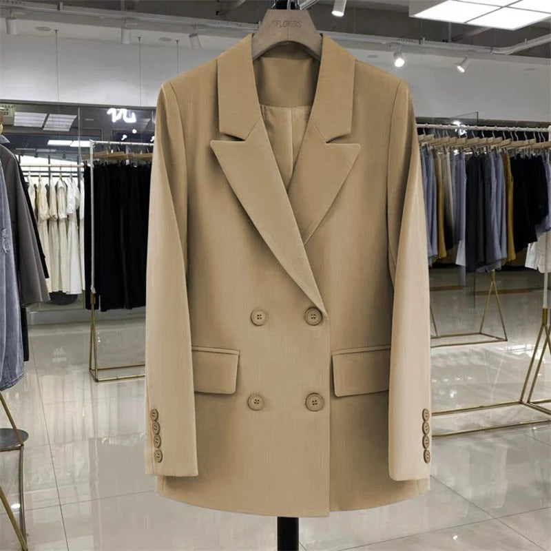Women's Blazer Double Breasted Office Wear Suit Coats 2025 Fashion Jackets Long Sleeve Flap Pockets Chic Female Outerwear-belleandkai.com