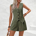 Summer Women Elegant Solid Waistcoat Shorts Set 2024 Sleeveless Vest Top+High Waist Slim Shorts Lady Office Casual 2 Pieces Set-belleandkai.com