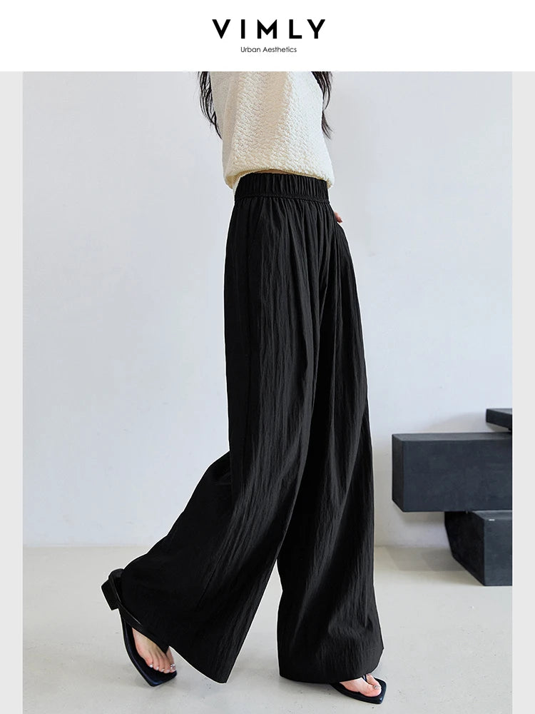 VIMLY Summer Long Baggy Pant 2025 Women's Elastic High Waist Loose Wide Leg Casual Full Length Trouser Woman Clothing M9877-belleandkai.com