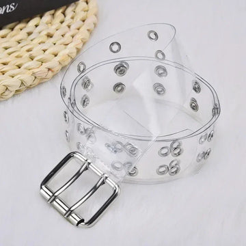 Women Summer Fashion Creative Gifts Waistband Transparent Two Row PVC Belt Laser Invisible Square Pin Buckle Multi Hole Belts-belleandkai.com