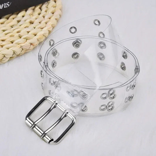 Women Summer Fashion Creative Gifts Waistband Transparent Two Row PVC Belt Laser Invisible Square Pin Buckle Multi Hole Belts-belleandkai.com