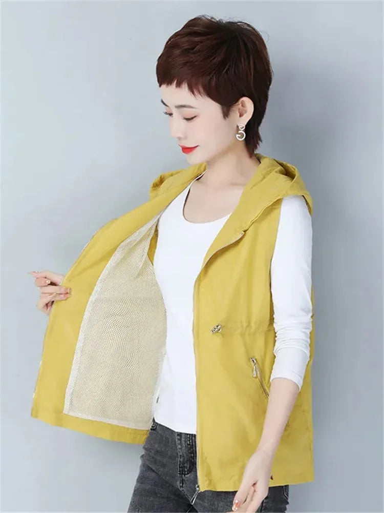 Thin Summer Women's Vest Jacket 2025 New Short Hooded Sleeveless Coat Female Solid color Casual Liner Waistcoat Jackets Tops-belleandkai.com