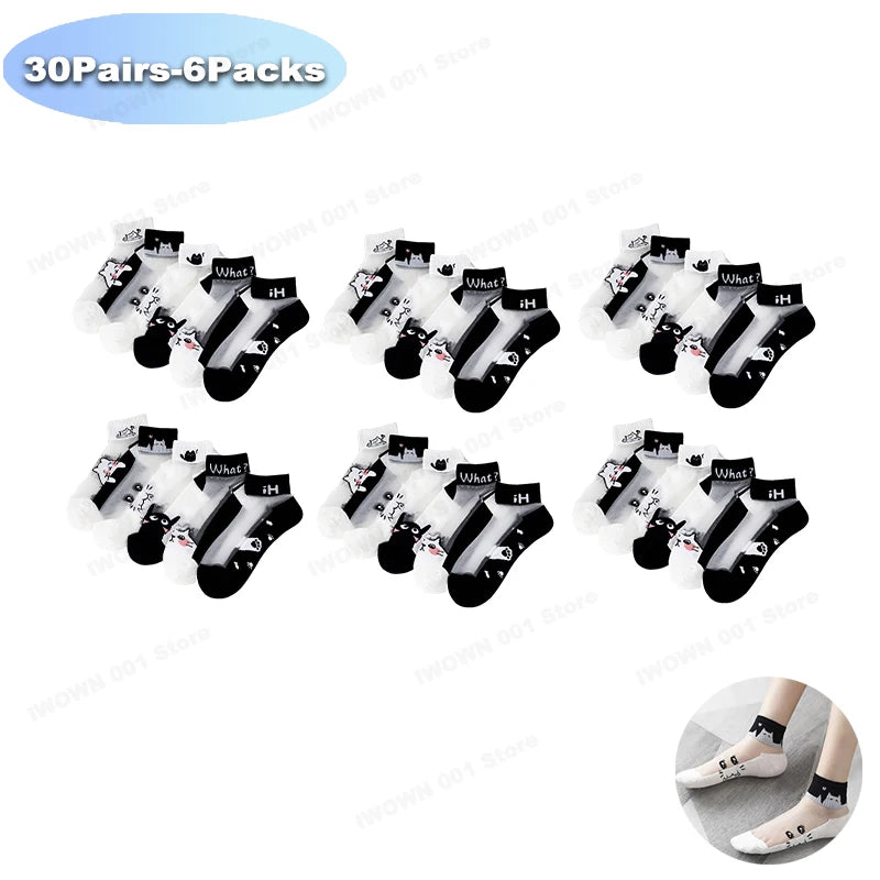 5 Pairs/lot of Womens Slass Filament Fiber Spring and Summer Thin Transparent Black Cat Socks Polyester Breathable Sock Sole-belleandkai.com
