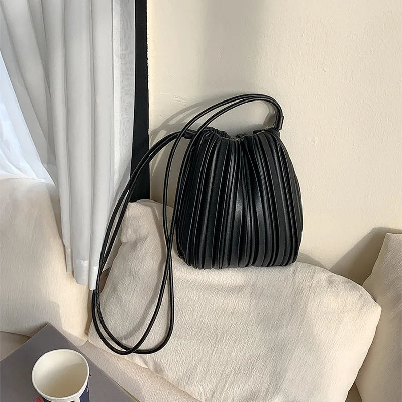 Brand Striped Leather Shoulder Bag Luxury Designer New Soft High-end Pleated Purse Drawstring Fashion Versatile Crossbody Bag-belleandkai.com