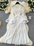 SINGREINY Women Elegant Sheer Sexy Cardigan Robes Wools Spliced Long Sleeve Shawls Fashion French Gauze Transparent Long Robes-belleandkai.com