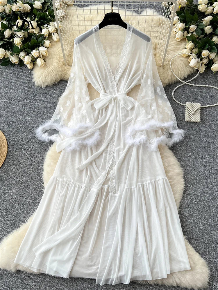 SINGREINY Women Elegant Sheer Sexy Cardigan Robes Wools Spliced Long Sleeve Shawls Fashion French Gauze Transparent Long Robes-belleandkai.com