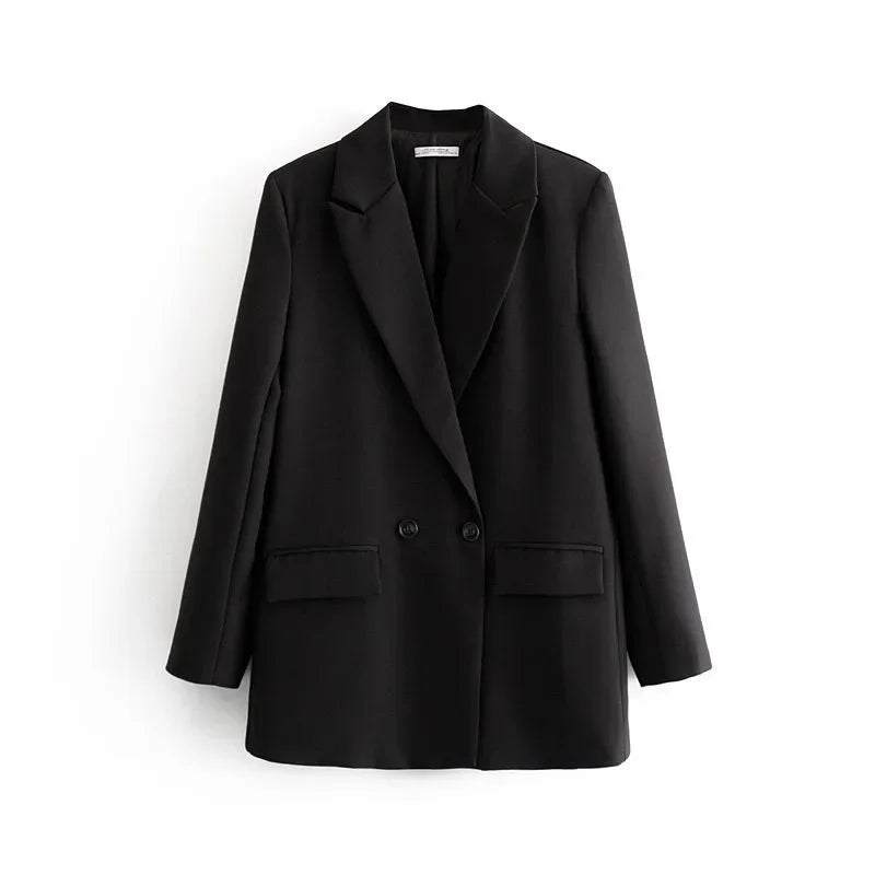 Winter Women Apricot Blazer Coat 2025 Lady Vintage Double Breasted Blazer Notched Collar Pocket Female Outerwear Chic Tops Deat-belleandkai.com