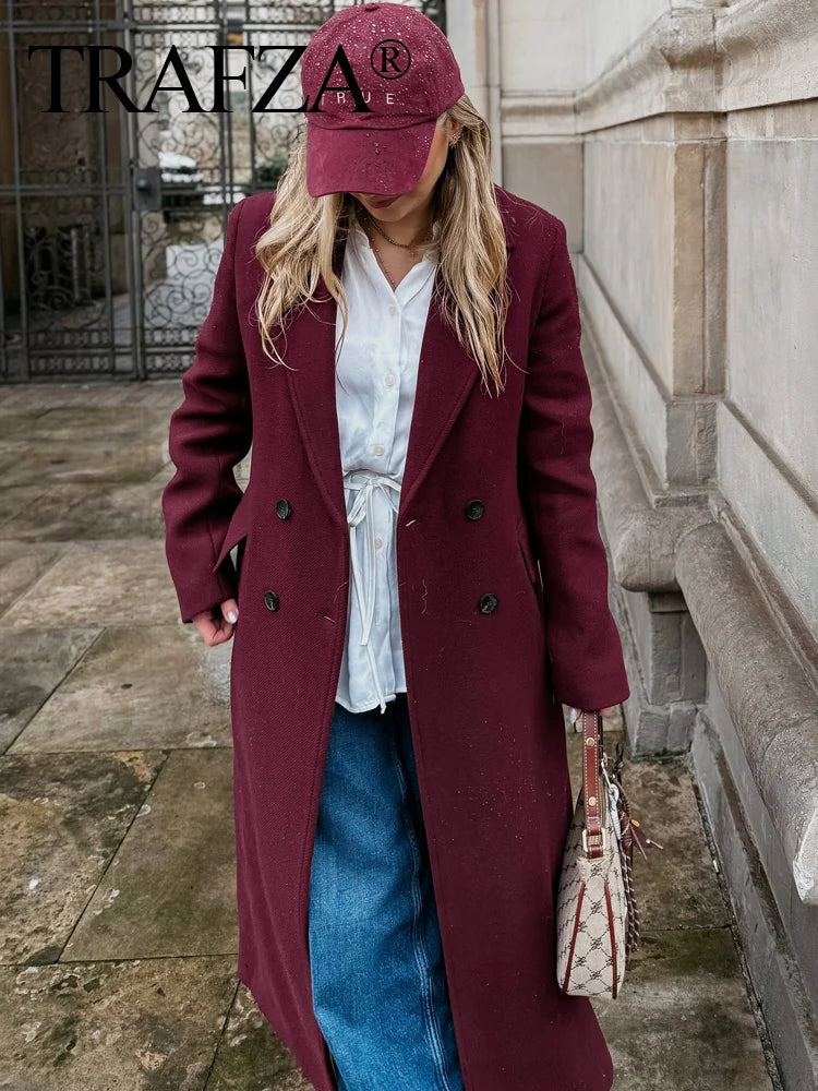 TRAFZA 2025 Fashion Women Burgundy Woolen Coat Double Breasted Long Sleeve Lapel Blends Jacket Female Autumn Winter Windbreaker-belleandkai.com
