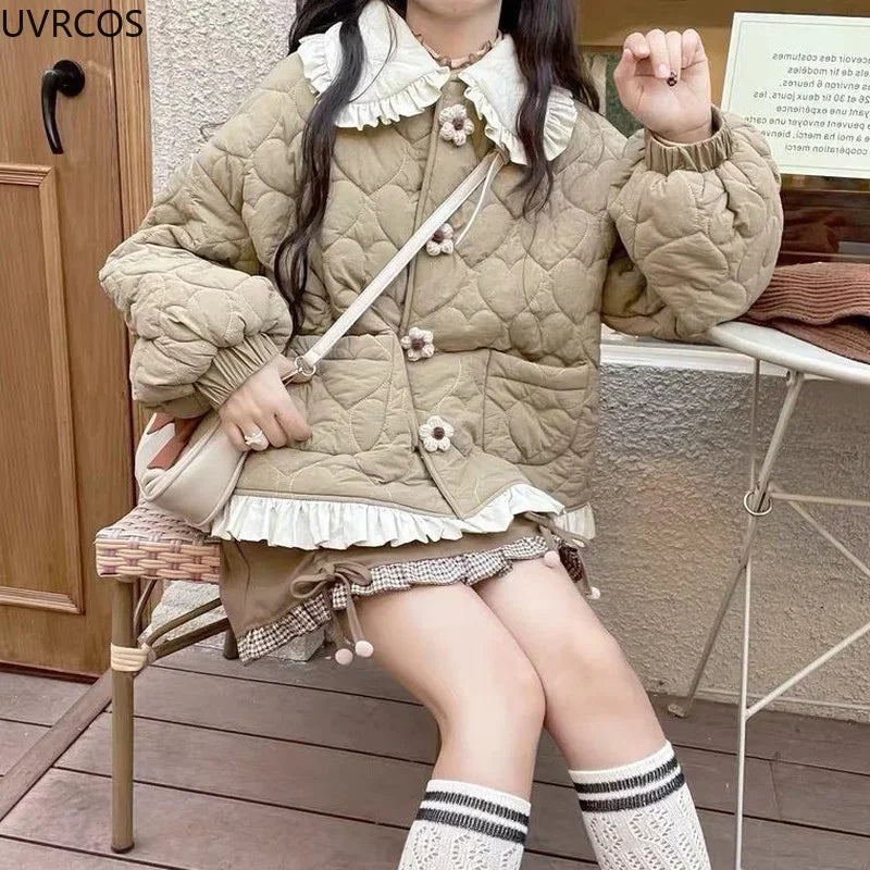 Korean Style Cute Loose Warm Winter Jacket Women Chic Ruffle Neck Sweet Parkas Overcoat Japanese Harajuku Kawai Padded Coat 2023-belleandkai.com