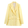 Fashion Yellow Blazer Woman Elegant Chic Pockets Double Buttons Long Sleeve Loose Coat 2025 New spring Office Lady Solid Suits-belleandkai.com