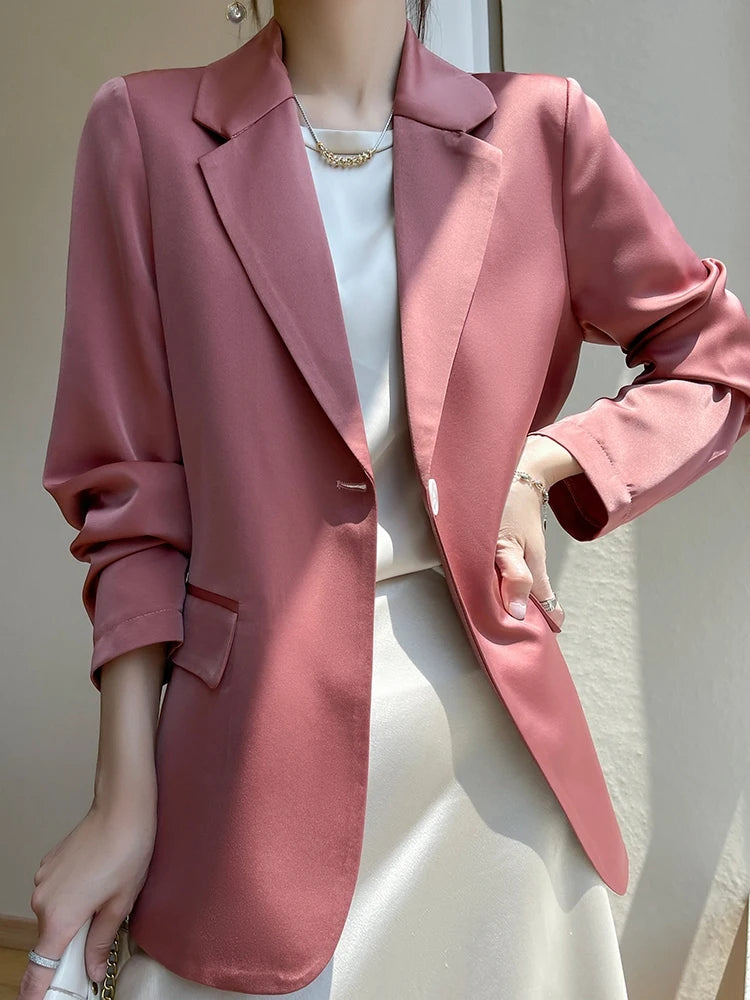 Women Blazers Spring Summer New Fashion Korean Silk Satin Suit V-neck Loose Top Jacket Single Button Suit Blazers Outerwear-belleandkai.com