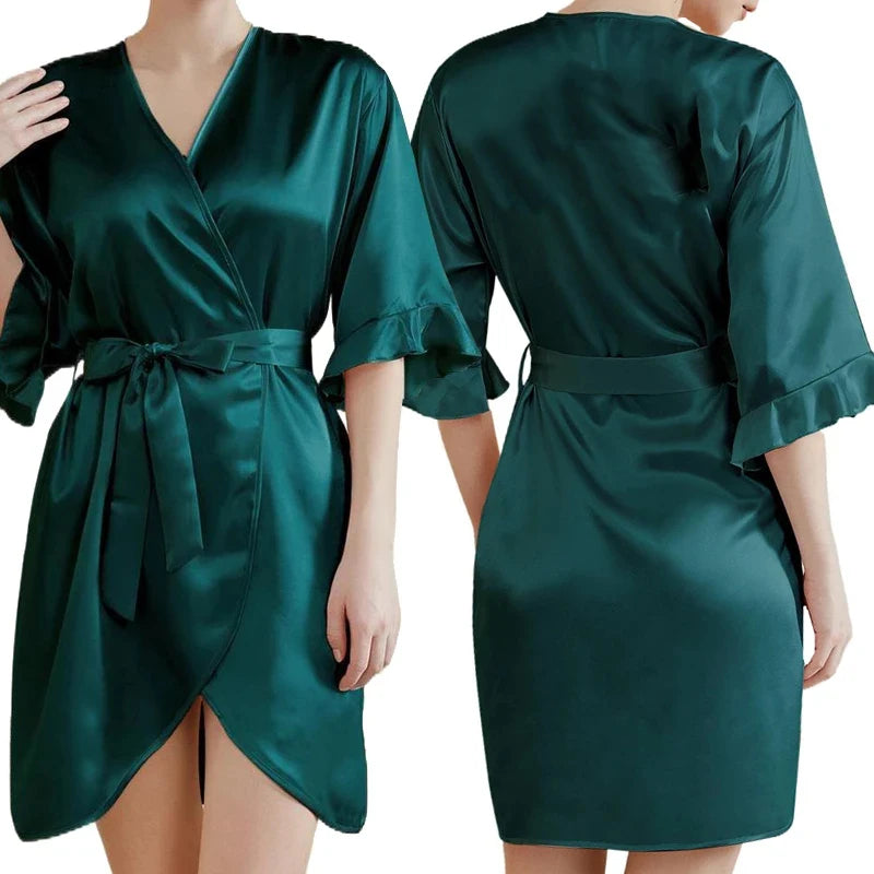 Dark Green Satin Team Bride Bridesmaid Robe Ruffle Wedding Bathrobe Gown Women Dressing Sleepwear Mother Maid of Honor Kimono-belleandkai.com