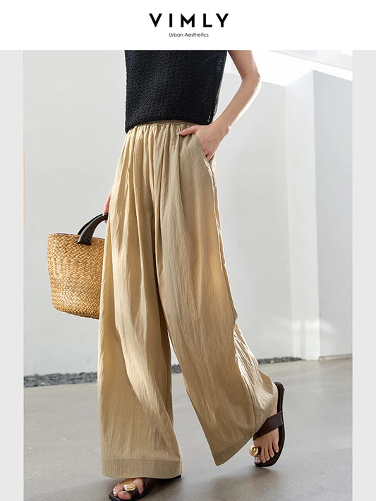 VIMLY Summer Long Baggy Pant 2025 Women's Elastic High Waist Loose Wide Leg Casual Full Length Trouser Woman Clothing M9877-belleandkai.com