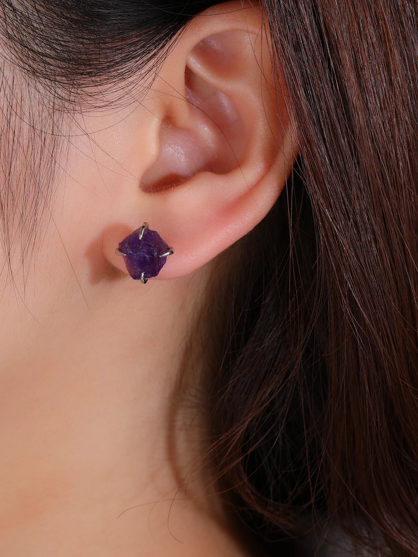 BOROSA New Arrival Silver Color Rough Natural Amethyst Earrings Claw Setting Crystal Stone Stud Earrings Women GH013-belleandkai.com