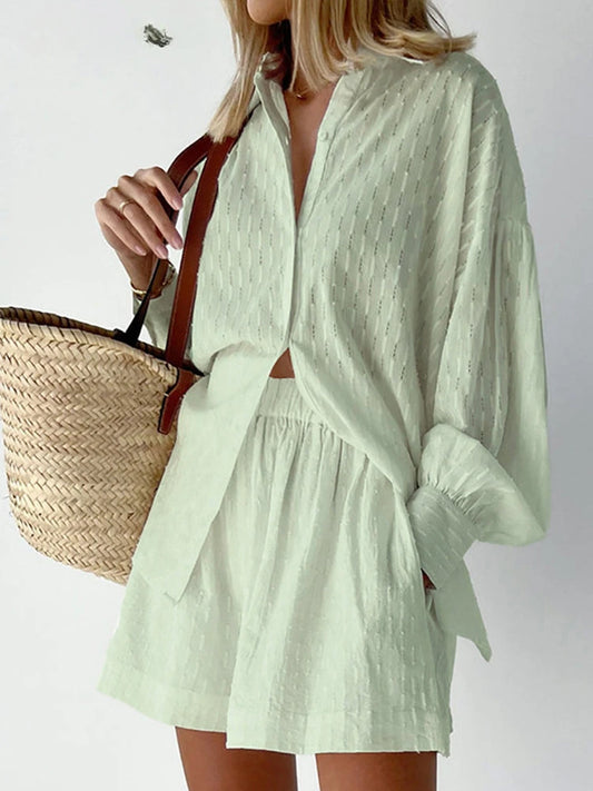 Women Jacquard Puff Sleeves Two Piece Sets for Summer Fashion Loose Shorts and Long Sleeved Shirt Outfits-belleandkai.com