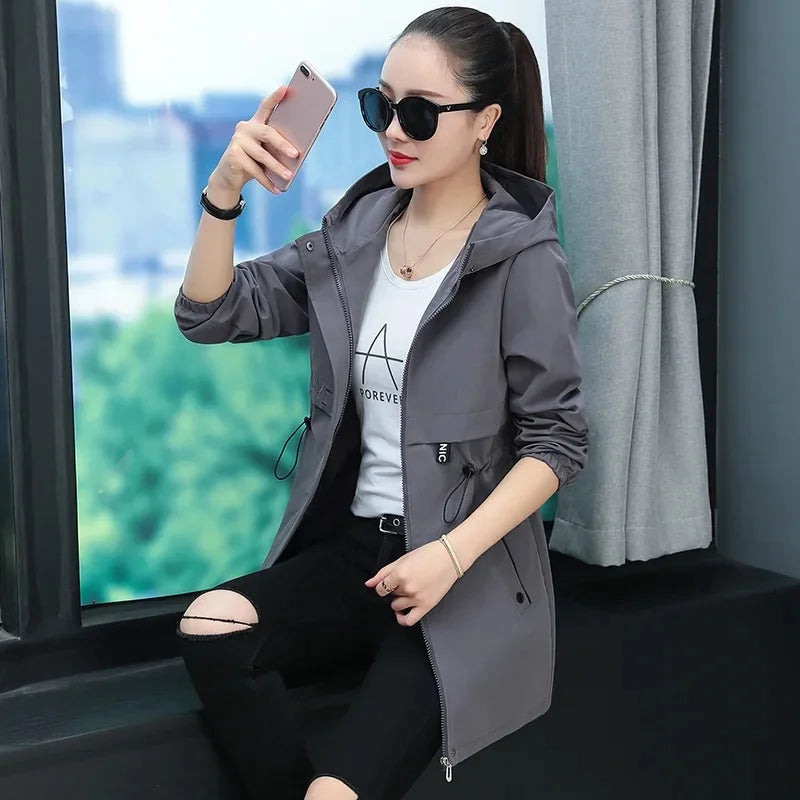 Hooded Coat Jacket for Middle-Aged Mothers Loose Elastic Waist Spring Autumn Zipper Open Cardigan Style Women's Clothing-belleandkai.com