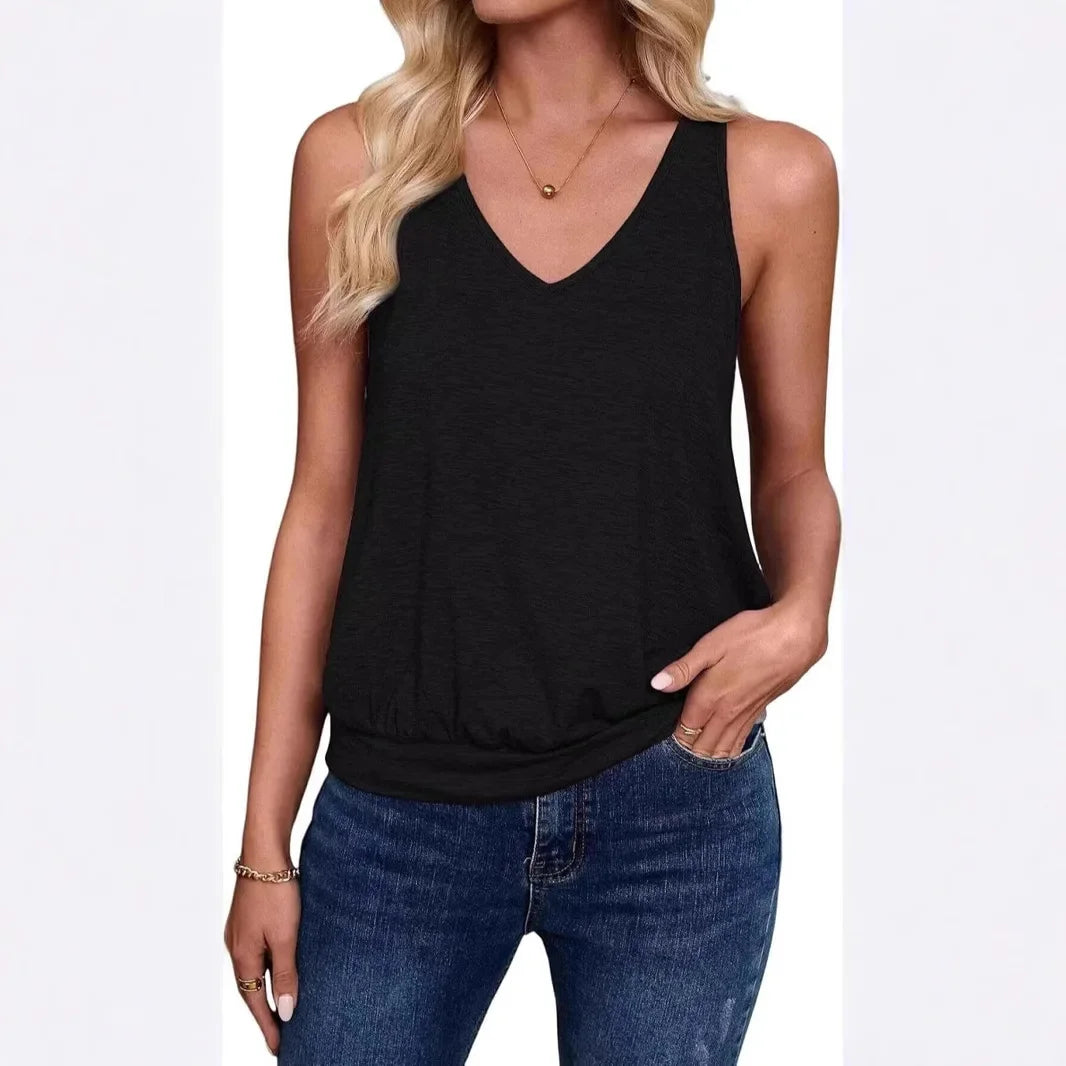 Summer Women's V-Neck Sleeveless Top Casual Vest Fashionable Trendy Tank Top Polyester Blend Fabric No Decoration-belleandkai.com