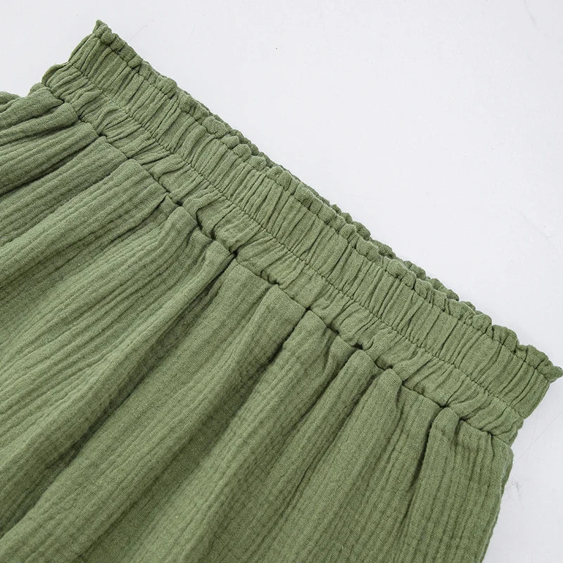 100% Cotton Gauze Muslin Sets For Women 2 Pieces Long Sleeve Shirts And Loose High Waist Mini Shorts Sets Ensemble Femme-belleandkai.com
