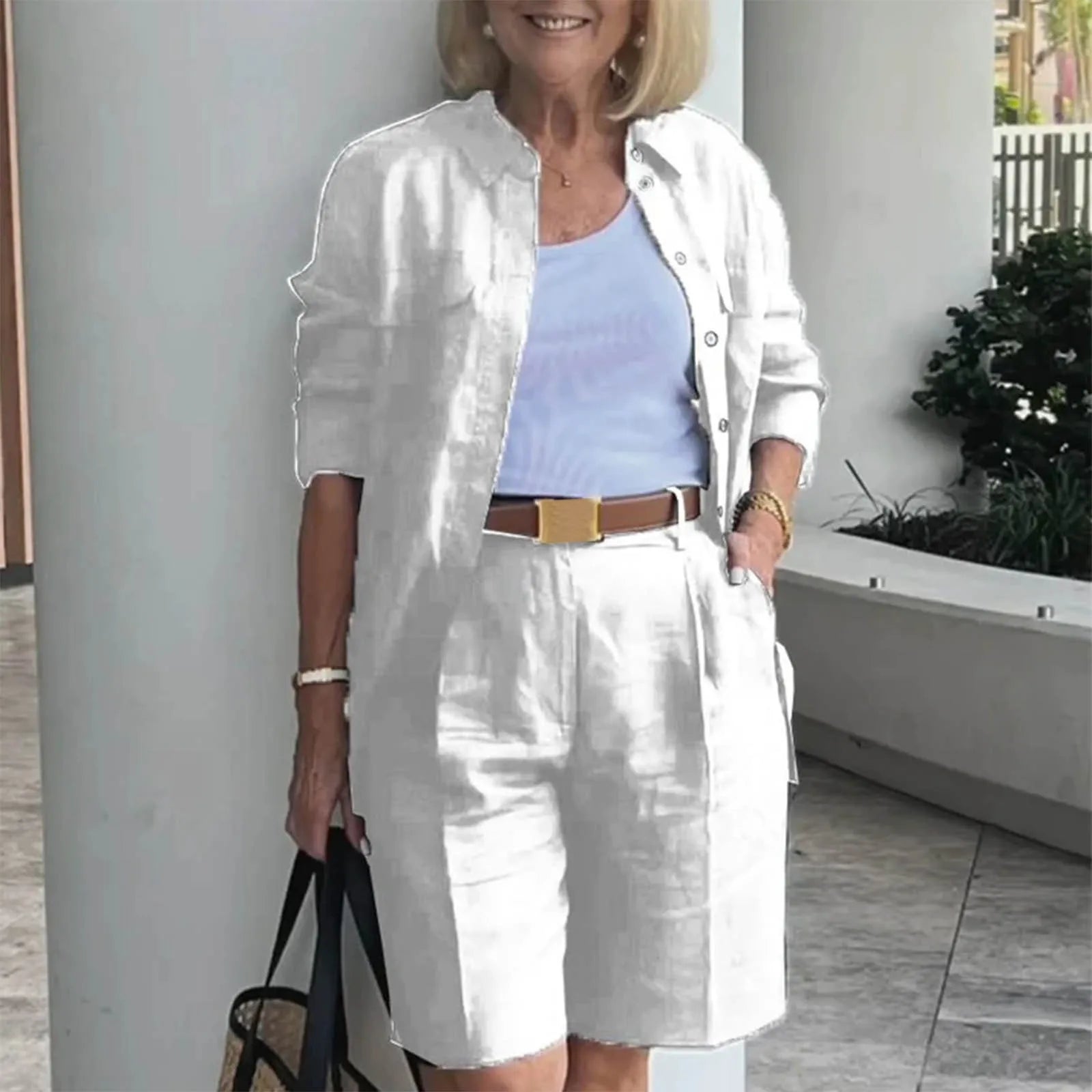 Elegant 2-Piece Sets For Women Womens Cardigan Shirt Top Summer Solid Color Casual Shorts Two Piece New In Matching Sets-belleandkai.com