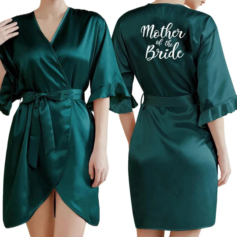 Dark Green Satin Team Bride Bridesmaid Robe Ruffle Wedding Bathrobe Gown Women Dressing Sleepwear Mother Maid of Honor Kimono-belleandkai.com