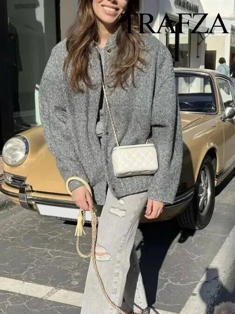TRAFZA 2025 Women's Winter Street Jacket Solid Color Pocket Single-Breasted Jacket Women's Versatile Casual Jacket Cardigan Top-belleandkai.com