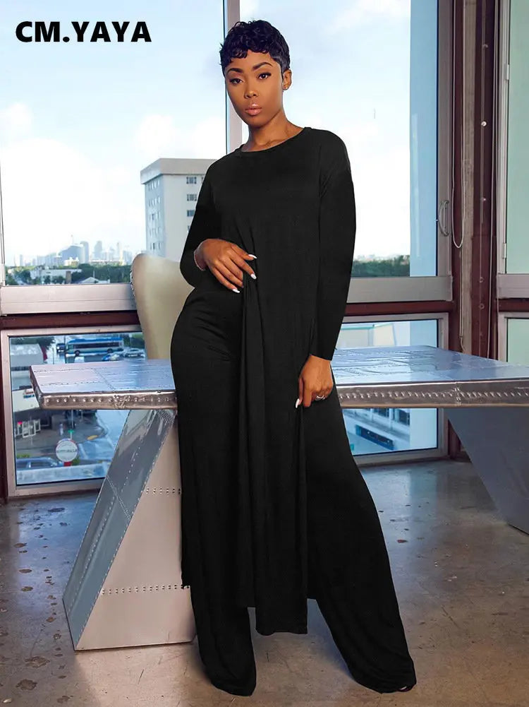 CM.YAYA Solid Classic Women's Set Long Sleeve High Slit X-long Tee Top Straight Pant Suit Tracksuit Fitness Two 2 Piece Outfits-belleandkai.com